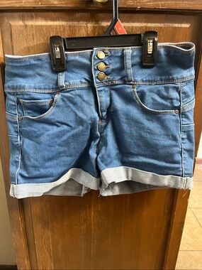 Wax Jean Mid-Blue High Waist Triple-Button Rolled Hem Shorts